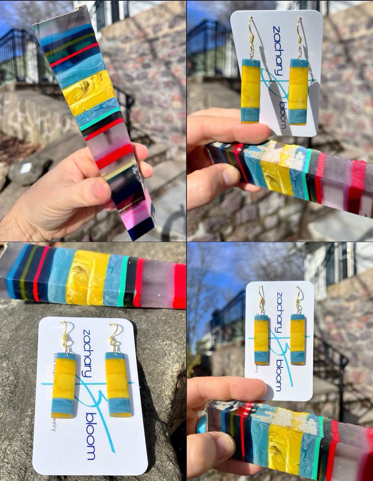 🏄‍♀️🏄‍♂️🏄
I absolutely LOVE the color combo in this SURFITE pair I made. This is leftover surfboard resin which I collected up in Rhode Island. You can see one of the pieces of raw resin in these pics. DM me if this pair is talkin’ to ya!😍
#surfite #surfiteearrings #surfitejewelry #zacharybloomjewelry #handshapedsurfboards