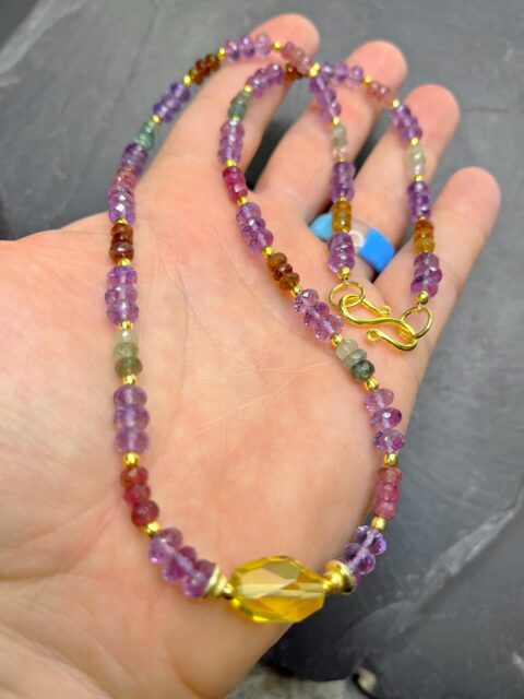 😍😍😍
How delicious is this necklace!?!😜
This is a combo of top quality all natural faceted gemstones. The center is lemon quartz, then amethyst rondelles and mixed color tourmaline with 18kt gold vermeil accents. 
Want a bracelet and earrings to match?
No problem. DM me to discuss all details.🥰
#gemstonejewelry #customjewelry #zacharybloomjewelry #finegemstonejewelry #necklaceaddict