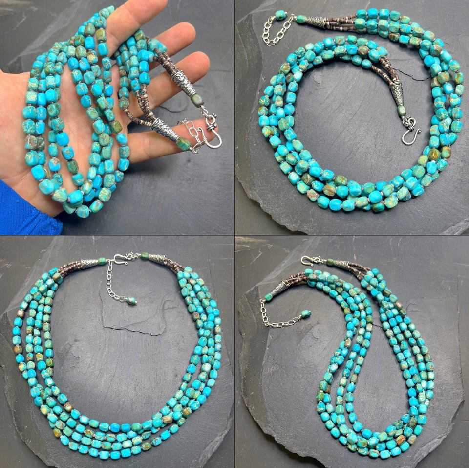 😍🩵😍
How about that beauty!?!
BOLD four strand twist necklace of beautiful nuggets combined with heishi shell and silver accents. This necklace can be worn a variety of lengths with the extender on the back. This is quite a piece in person. 
DM me for all the details and video of this stunning one-of-a-kind necklace. 
😜
#turquoisenecklace #multistrandnecklace #jasperjewelry #zacharybloomjewelry #statementpiece