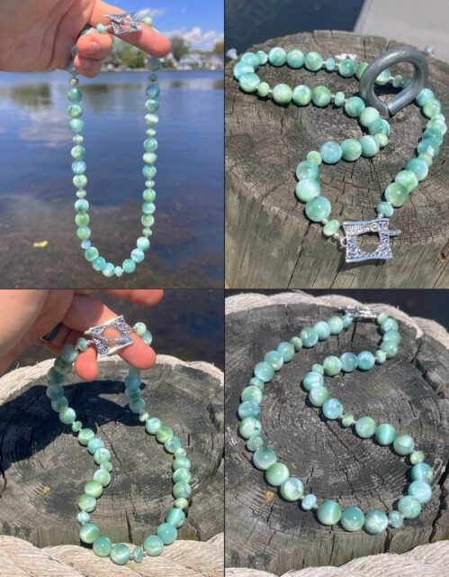 🏝️😱🏝️ 
Breathtaking RARE hemimorphite gemstone mixed with sterling silver spacers and a fine detailed silver toggle clasp. Reminiscent of the Caribbean Ocean this necklace is a perfect way to kick off the summer weather!😜
DM me for details and video of this striking necklace.
🥰
#hemimorphitejewelry #hemimorphitenecklace #larimarjewelry #zacharybloomjewelry #statementnecklace