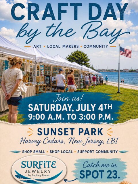 ‼️‼️‼️ 
Catch me on LBI this Fourth of July!🇺🇸 
This Saturday from 9-3pm I’ll be participating in a fantastic craft show by the bay in Harvey Cedars, Sunset Park. My spot is number 23. If you are on the island, hope to see you there.😜
#fourthofjulyweekend #harveycedarssunsetpark #surfitejewelry #zacharybloomjewelry #lbilife