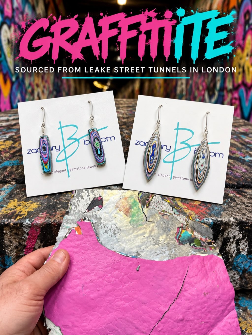 โผ๏ธ๐จโผ๏ธ
ALL THE WAY FROM LONDONโฆoff the walls of the Leake Street Graffiti Tunnels. Iโve made some very special designs. GRAFFITIITE EARRINGS!!!๐ฑ
I was able to score a large piece of an extremely special material right from the walls of the world famous Leake Street Graffiti Station in London. Iโm calling this material GRAFFITIITE. Or it could be called MURALITE as well. I happen to see a video posted by a well known London based mural/graffiti artist named Olivier Roubieu. You must go visit his page to see his work. He did a video showing off how thick the build-up of paint has gotten over the years of all the incredible graffiti murals put up one on top of another. The Leake Street Graffiti Tunnel was initially started by the world renowned artist named Banksy at the Canโs Festival in 2008 apparently. Definitely give Olivier a follow here to see his incredible murals!
@olivierroubieu
Iโve got a nice selection of earrings to choose from. DM me to see more.๐
#leakestreettunnel #graffitite #zacharybloomjewelry #olivierroubieu #upcycledart